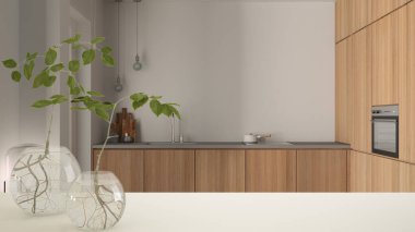 Beyaz masa üstü ya da rafta cam vazo ile hidrofonik bitki, süs, bitki kökü, vazoda dal, ev bitkisi, ahşap mutfak dolaplar arka planda, iç tasarım