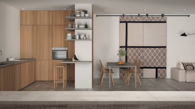 Ahşap eski masa ya da raf üstü, modern mutfak üzerinde zen modu masa ve sandalyeli oturma odası, minimalist iç mimari tasarım.