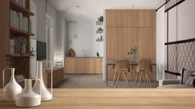 Çağdaş ülke dairesi, oturma odası ve mutfağı, ahşap mobilyalar, mimari iç mimari tasarım üzerine minimalist modern vazolarla ahşap masa veya raf.