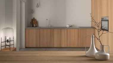 Minimalist modern vazolarla dolu tahta masa ya da raf çağdaş taşra dairesinin üzerinde, dolaplı, ahşap mobilyalı temiz mutfak, mimari iç mimari tasarım