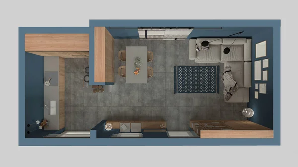 Сучасна Мінімалістична Вітальня Кухня Блакитних Тонах Бетонна Плитка Диван Обідній — стокове фото