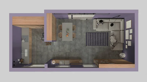 Modern Minimalist Living Room Kitchen Purple Tones Concrete Tiles Sofa — стоковое фото