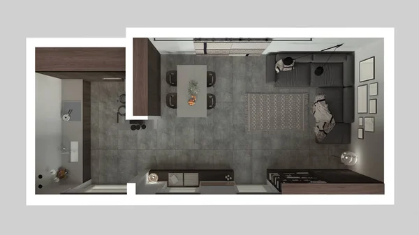 Modern Minimalist Living Room Kitchen Dark Tones Concrete Tiles Sofa — стоковое фото