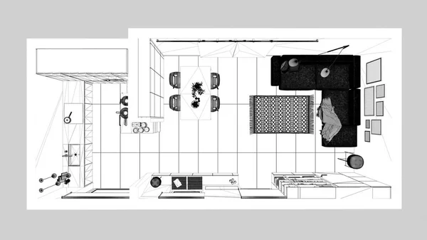 Blueprint Projektskizze Modernes Minimalistisches Wohnzimmer Und Küche Fliesen Sofa Esstisch — Stockfoto