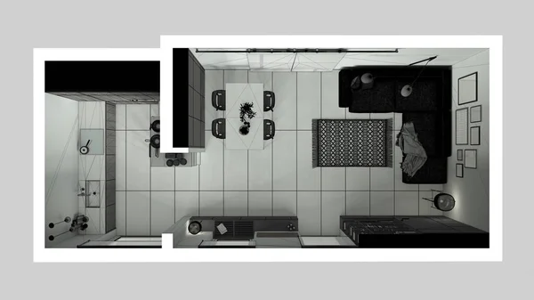 Tamamlanmamış Proje Taslağı Modern Minimalist Oturma Odası Mutfak Fayanslar Kanepe — Stok fotoğraf