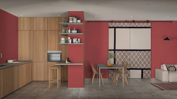 Modern Minimalist Living Room Kitchen Red Tones Concrete Tiles Sofa — стоковое фото