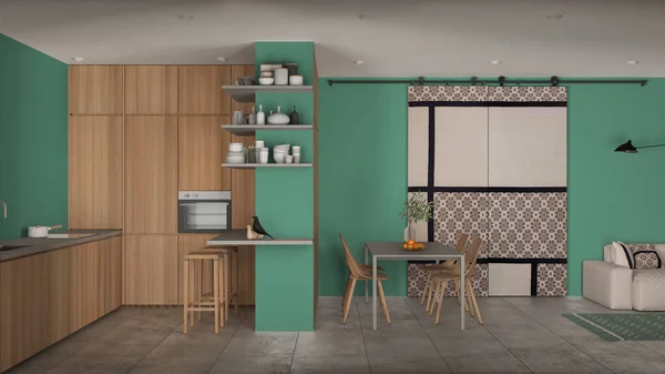 Moderní Minimalistický Obývací Pokoj Kuchyň Tyrkysových Tónech Betonové Dlaždice Pohovka — Stock fotografie