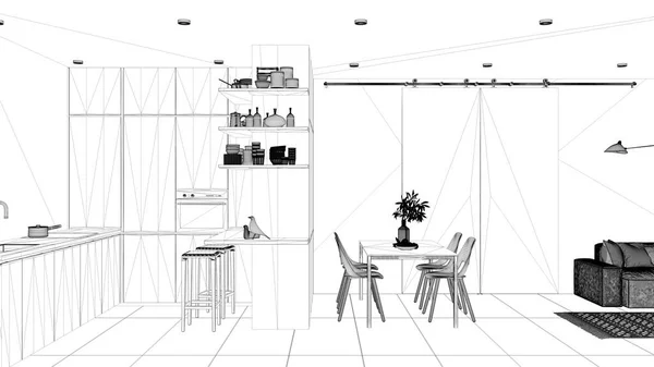 Проект Блакитного Відбитку Сучасна Мінімалістична Вітальня Кухня Плитка Диван Обідній — стокове фото