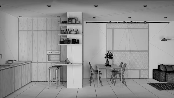 Unfinished Project Draft Μοντέρνο Μινιμαλιστικό Σαλόνι Και Κουζίνα Πλακάκια Καναπές — Φωτογραφία Αρχείου