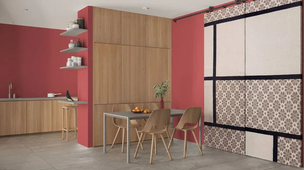 Minimalist ahşap yemek odası ve mutfak kırmızı tonlarda, beton fayanslar, sandalyeli masa, ahşap dolaplar ve raflar, kumaş sürgülü kapı. Mimari iç tasarım