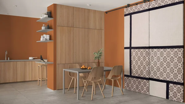 Minimalist ahşap yemek odası ve portakal rengi mutfak, beton fayanslar, sandalyeli masa, ahşap dolaplar ve raflar, kumaş sürgülü kapı. Mimari iç tasarım