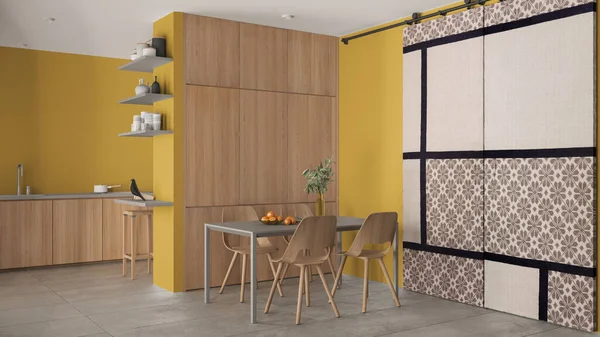 Minimalist Modern Wooden Dining Room Kitchen Yellow Tones Concrete Tiles — Stock Photo, Image