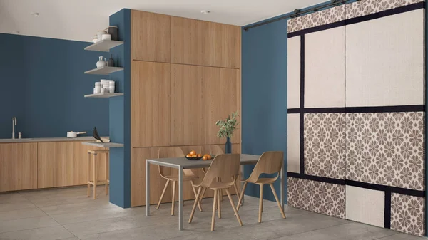 Minimalist Modern Wooden Dining Room Kitchen Blue Tones Concrete Tiles — стоковое фото