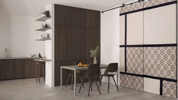 Minimalist ahşap yemek odası ve mutfak koyu tonlarda, beton fayanslar, sandalyeli masa, ahşap dolaplar ve raflar, kumaş sürgülü kapı. Mimari iç tasarım