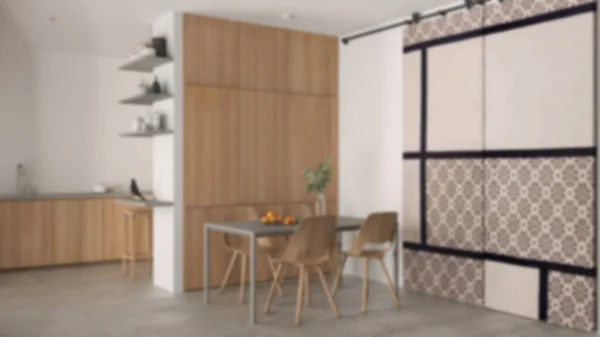 Bulanık Arka Plan Minimalist Modern Ahşap Yemek Odası Mutfak Beton — Stok fotoğraf