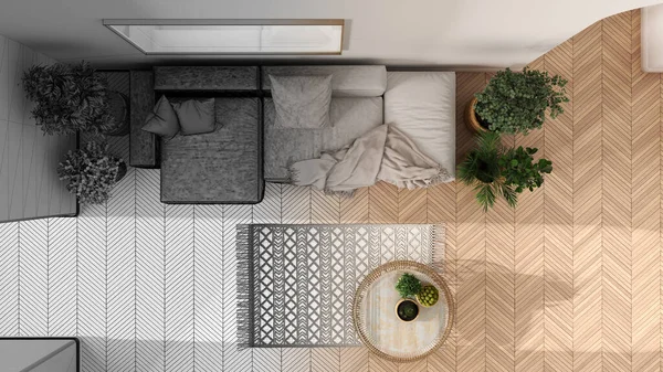 Mimari iç mimar konsepti: gerçek, oturma odası, parke, kanepe, halı, rattan masa, saksı bitkisi haline gelen el çizimi tamamlanmamış proje. Üst görünüm, plan, yukarıda
