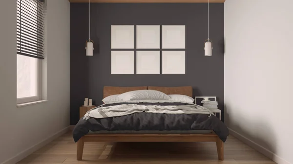 Minimalist Gray Wooden Bedroom Scandinavian Style Double Bed Duvet Pillows — Stock Photo, Image