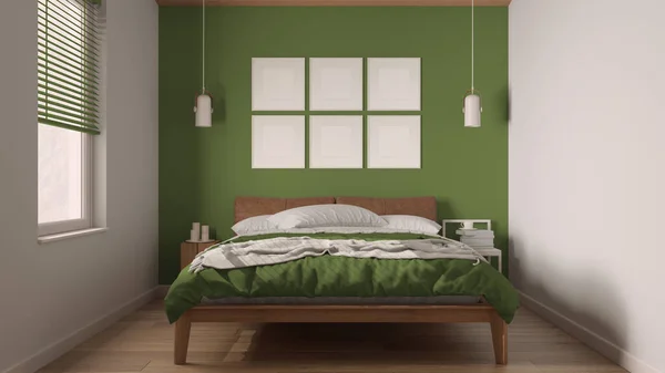 Chambre Minimaliste Bois Vert Dans Style Scandinave Lit Double Avec — Photo