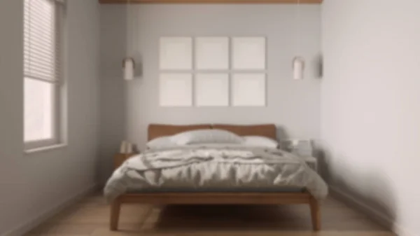 模糊的背景 简约的木制卧室风格的丑闻 床与羽绒被 枕头和毛毯 框架模型 吊灯和边桌 现代室内设计 — 图库照片