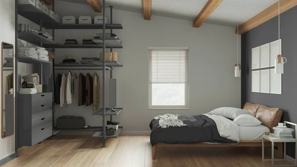 Modern Minimalist Bedroom Gray Tones Walk Closet Parquet Floor Wooden — Stock Photo, Image