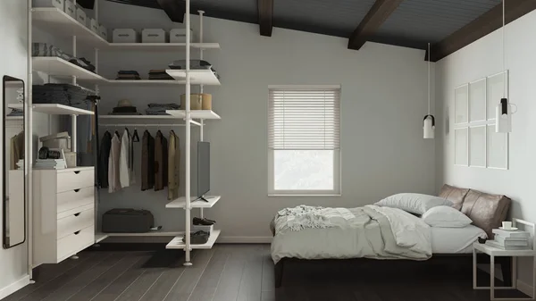 Modernes Minimalistisches Schlafzimmer Dunklen Tönen Mit Begehbarem Kleiderschrank Parkettboden Holzbalkendecke — Stockfoto
