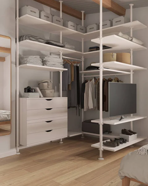 Modern minimalist yatak odası beyaz tonlarda dolaba girer. Ayna, parke zemin, çekmeceler ve raflar. Elbiseler, kutular ve ayakkabılar. Çağdaş iç tasarım