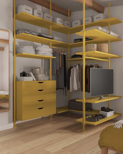 Modern minimalist yatak odası dolaba girer, sarı tonlarda kapanır. Ayna, parke zemin, çekmeceler ve raflar. Elbiseler, kutular ve ayakkabılar. Çağdaş iç tasarım