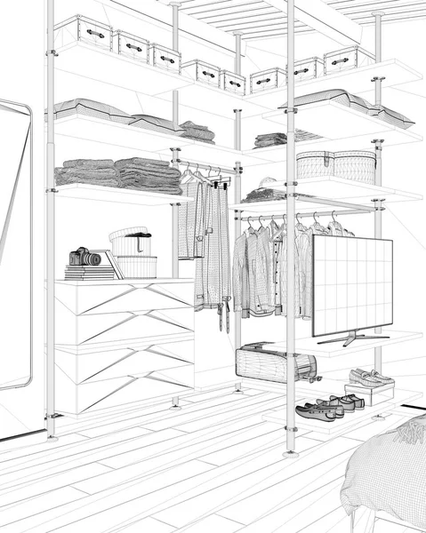 Proyecto Proyecto Borrador Moderno Dormitorio Minimalista Walk Closet Close Espejo —  Fotos de Stock