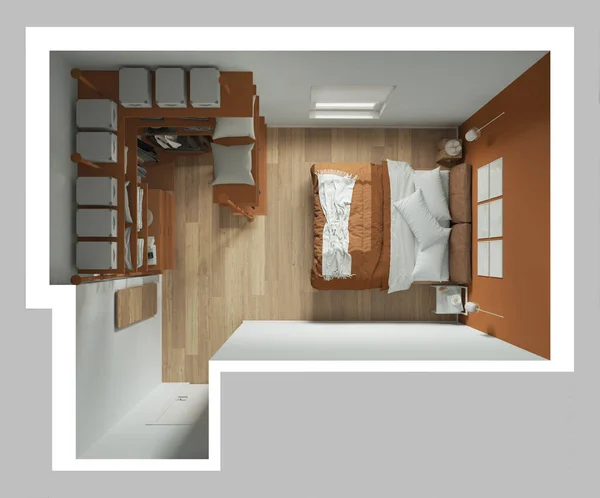 现代简约的卧房 橙色色调 有走进来的衣橱 花篮地板 床与绒毛 百叶窗 顶部视图 当代室内设计 — 图库照片