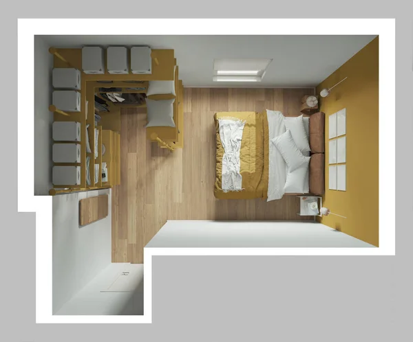 Moderno Dormitorio Minimalista Tonos Amarillos Con Vestidor Suelo Parquet Cama —  Fotos de Stock