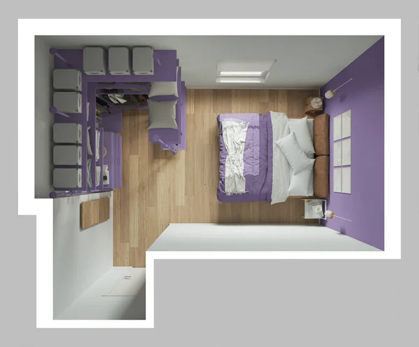Mor Tonlarda Modern Minimalist Yatak Odası Dolap Parke Döşeme Yorgan — Stok fotoğraf