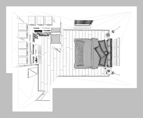 Proyecto Boceto Moderno Dormitorio Minimalista Con Vestidor Suelo Parquet Cama —  Fotos de Stock