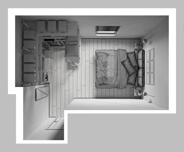 Unfinished Project Draft Μοντέρνα Μινιμαλιστική Κρεβατοκάμαρα Walk Ντουλάπα Παρκέ Δάπεδο — Φωτογραφία Αρχείου