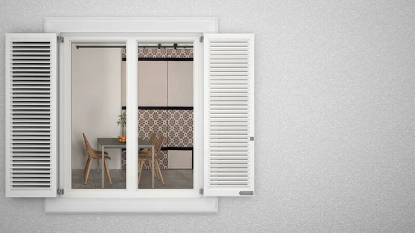 Exterior Plaster Wall White Window Shutters Showing Dining Room Wooden — 스톡 사진