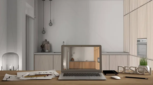 Architekt Designer Desktop Konzept Laptop Auf Holzarbeitstisch Mit Bildschirm Zeigt — Stockfoto