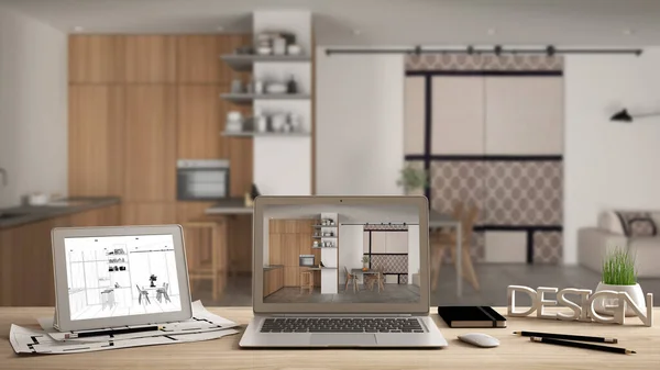 Architect Designer Desktop Concept Laptop Tablet Wooden Desk Screen Showing — стоковое фото