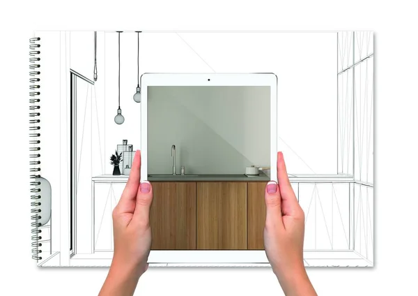 Ruce Držící Tablet Zobrazující Moderní Dřevěnou Kuchyň Celkové Prázdné Zázemí — Stock fotografie