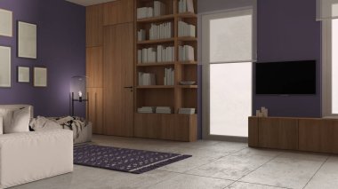 Modern minimalist oturma odası mor tonlarda, beton fayanslar, kanepe ve halı, zemin cam lamba, çerçeve modeli, ahşap kitaplık ve dolaplar, pencereler, mimari iç tasarım