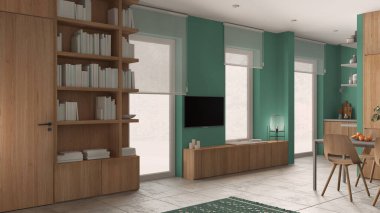 Turkuaz tonlarda modern minimalist oturma odası, beton fayanslar, ahşap kitaplık ve kitaplı dolaplar, televizyon standı, tekerlekli jaluzili pencereler, rahat iç mimari tasarım