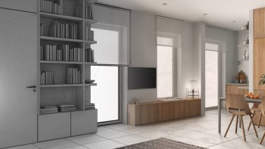 Mimari iç mimar konsepti: gerçek, oturma odası, beton döşemeler, kitap rafı, kitaplı dolaplar, tekerlekli jaluzili pencereler haline gelen el çizimi tamamlanmamış proje