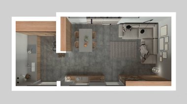 Beyaz tonlarda modern minimalist oturma odası ve mutfak, beton fayanslar, kanepe, yemek masası, sandalyeler, kitaplık ve dolaplar, mimari iç tasarım. Üst görünüm, plan, yukarıda