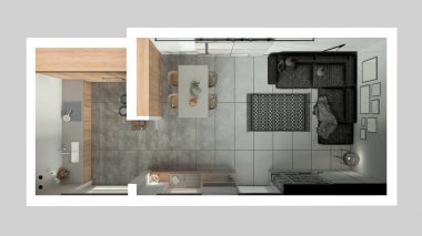 Mimari iç mimar konsepti: gerçek hale gelen el yapımı taslak proje, oturma odası ve mutfak, kanepe, masa, sandalye, kitaplık, dolaplar. Üst görünüm, plan, yukarıda