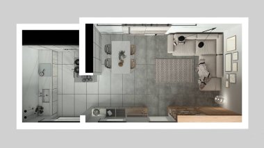 Mimari iç mimar konsepti: gerçek hale gelen el yapımı taslak proje, oturma odası ve mutfak, kanepe, masa, sandalye, kitaplık, dolaplar. Üst görünüm, plan, yukarıda