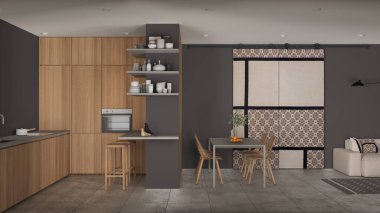 Modern minimalist oturma odası ve mutfak gri tonlarda, beton fayanslar, kanepe, yemek masası, sandalyeler, tabureli ada, ahşap dolaplar, sürgülü kapı, iç mimari tasarım