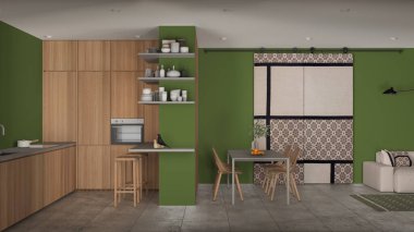 Modern minimalist oturma odası ve mutfak yeşil tonlarda, beton fayanslar, kanepe, yemek masası, sandalyeler, tabureli ada, ahşap dolaplar, sürgülü kapı, iç mimari tasarım