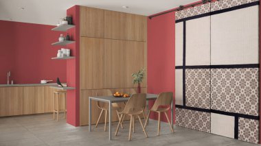 Minimalist ahşap yemek odası ve mutfak kırmızı tonlarda, beton fayanslar, sandalyeli masa, ahşap dolaplar ve raflar, kumaş sürgülü kapı. Mimari iç tasarım