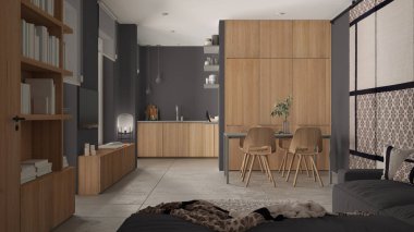 Modern minimalist oturma odası ve mutfak gri tonlarda, beton fayanslar, kanepe, yemek masası, sandalyeler, ahşap kitaplık ve dolaplar, kumaş sürgülü kapı, mimari iç tasarım