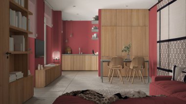 Modern minimalist oturma odası ve mutfak kırmızı tonlarda, beton fayanslar, kanepe, yemek masası, sandalyeler, ahşap kitaplık ve dolaplar, kumaş sürgülü kapı, mimari iç tasarım