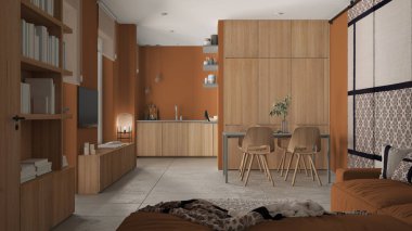 Modern minimalist oturma odası ve mutfak turuncu tonlarda, beton fayanslar, kanepe, yemek masası, sandalyeler, ahşap kitaplık ve dolaplar, kumaş sürgülü kapı, mimari iç tasarım