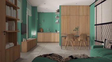 Modern minimalist oturma odası ve mutfak turkuaz tonlarda, beton fayanslar, kanepe, masa, sandalye, ahşap kitaplık ve dolaplar, kumaş sürgülü kapı, mimari iç tasarım